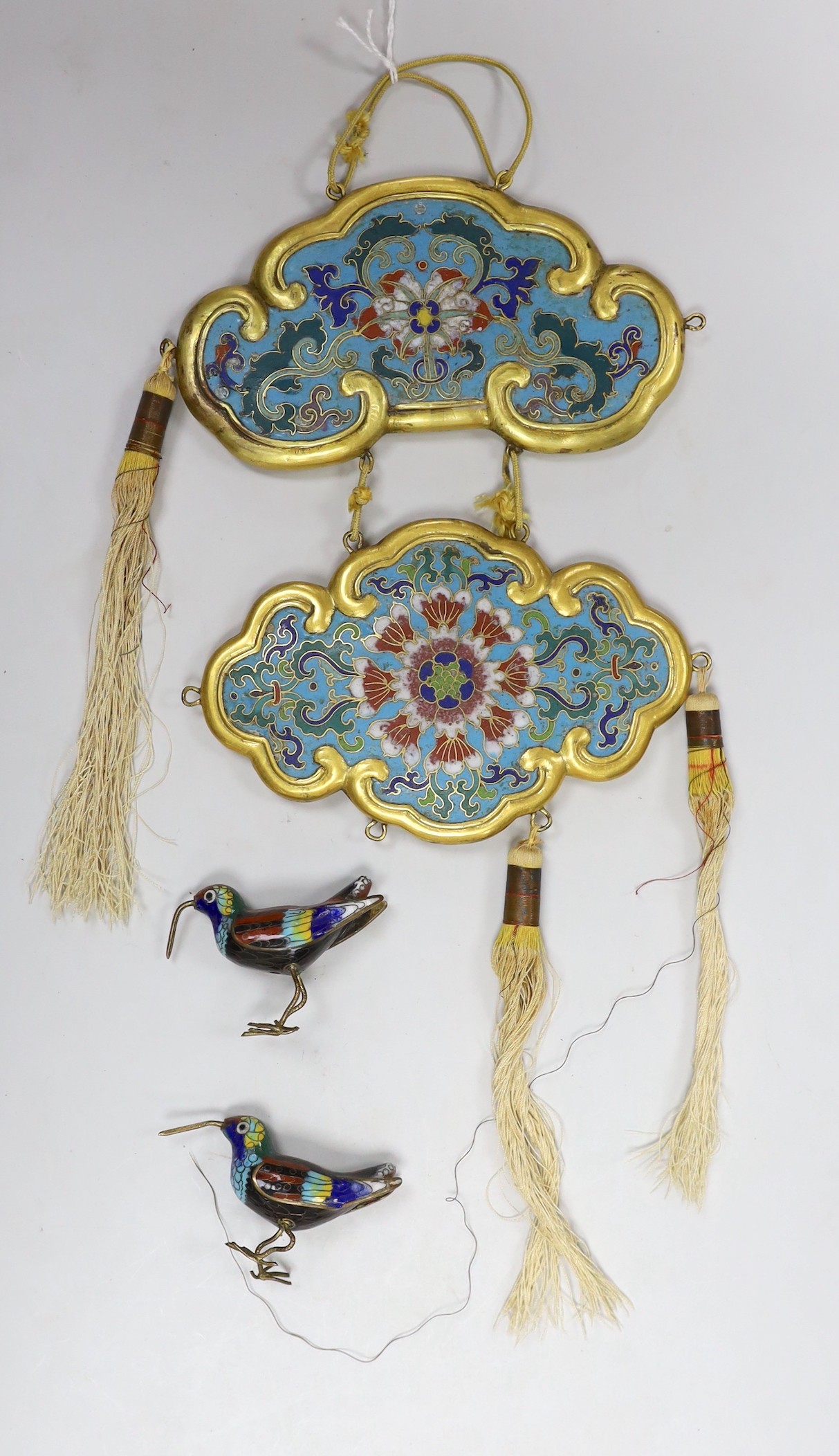 A Chinese gilt bronze and cloisonné enamel pendant, late Qing and a pair of similar birds